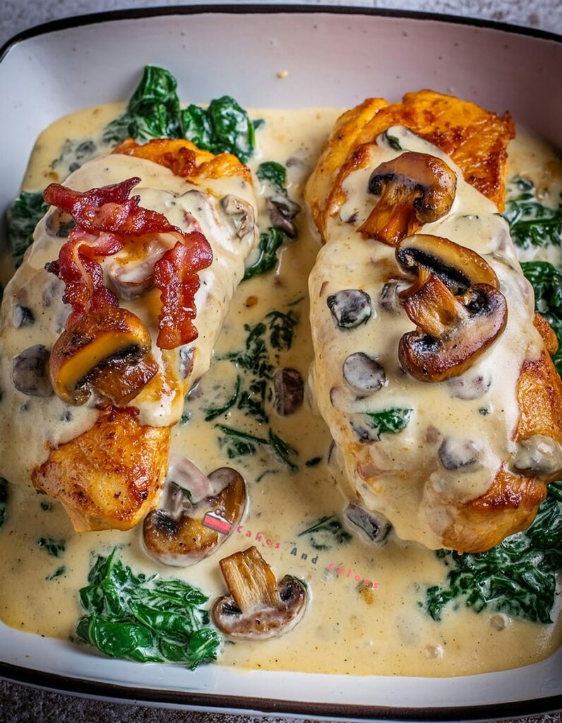 Smothered Chicken with Creamed Spinach Beef And Mushrooms